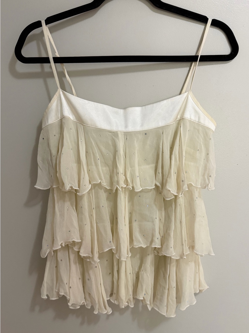 Tea/f Y2K Silk Blend Rhinestone Layered Ruffle Cami Tank Top Cream Ivory Small
